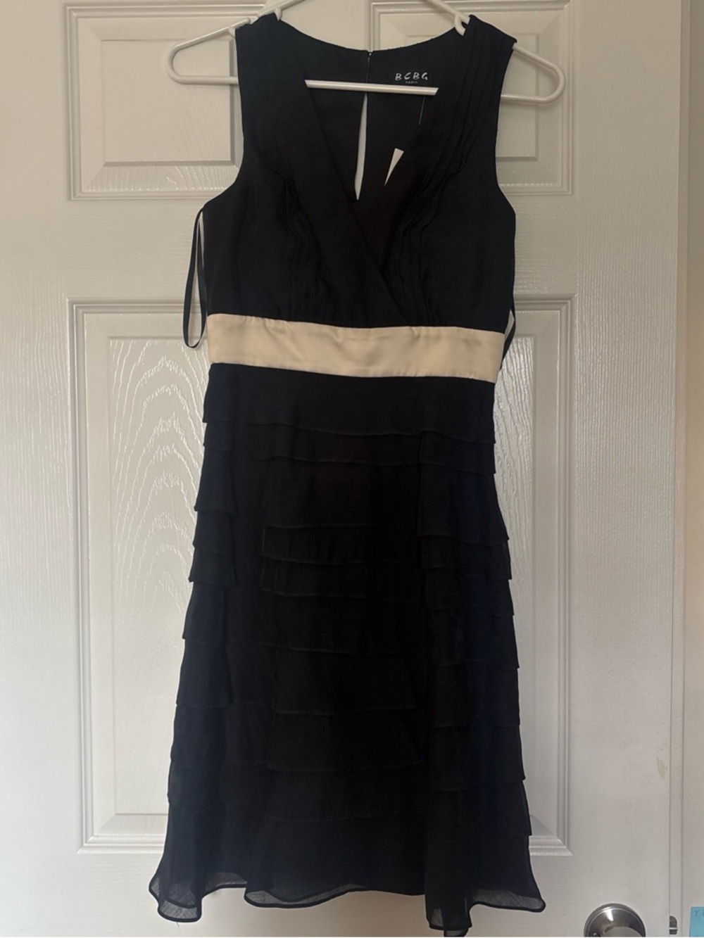 BCBG Black Midi Dress with Ivory Waistband and Ruffle Skirt